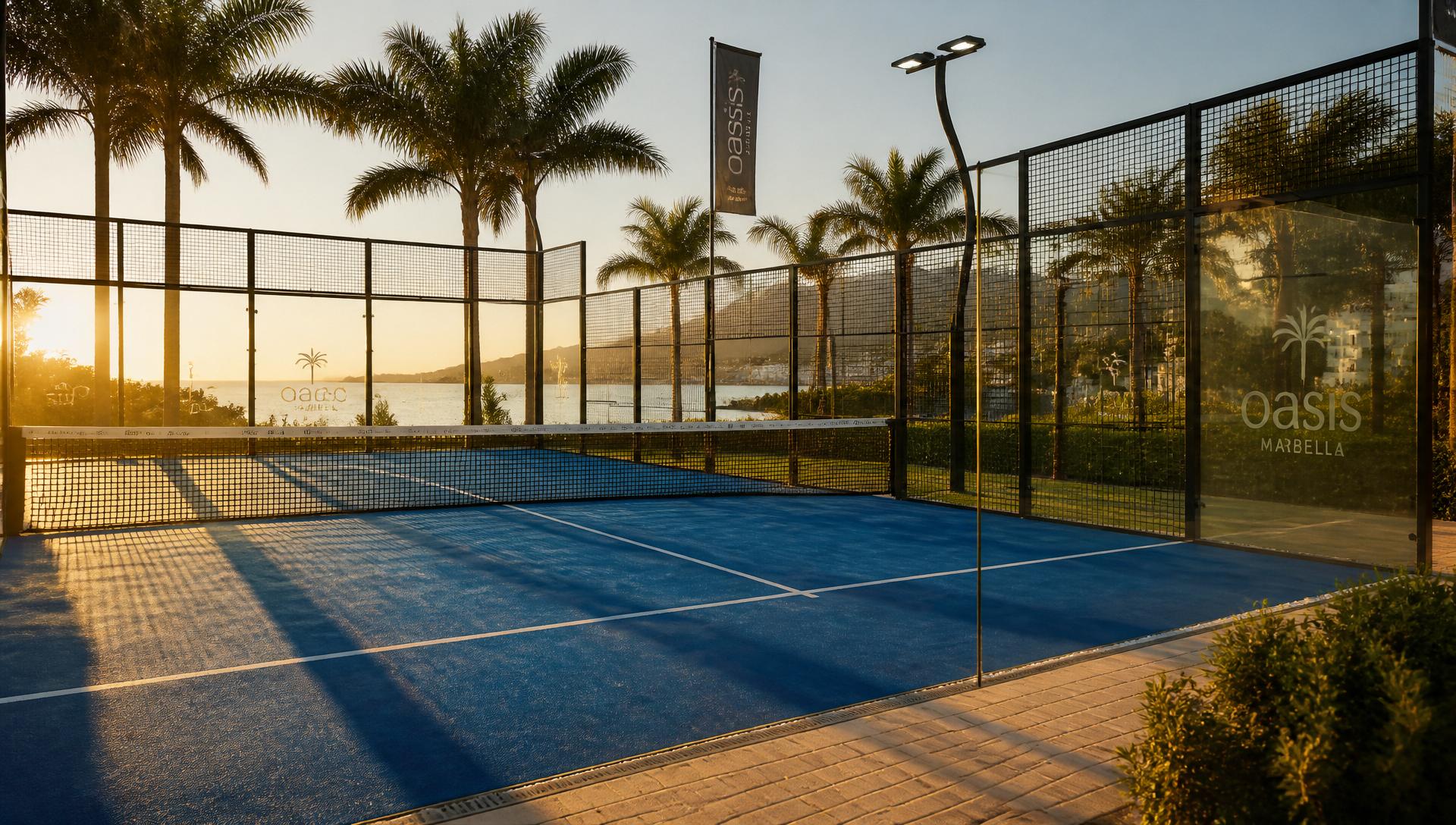 Empty premium padel court at golden hour on the Marbella coastline